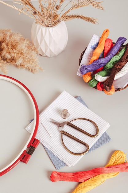 Рабочее место мастера вышивки с нитками и пяльцами